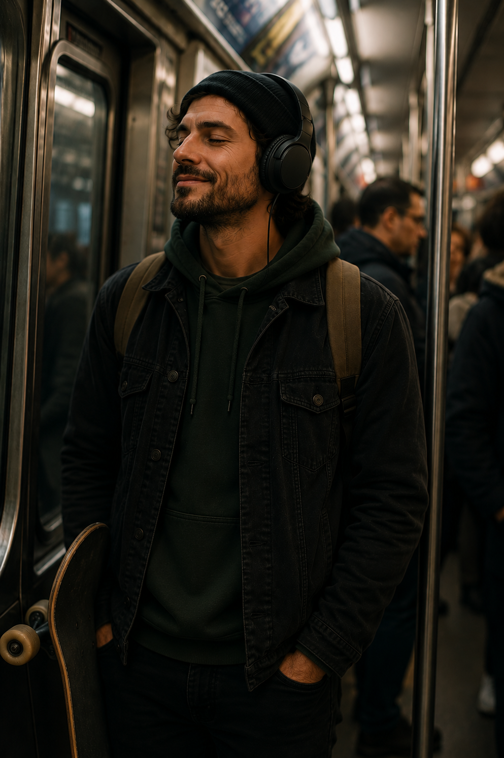 Person listening with headphones during a commute