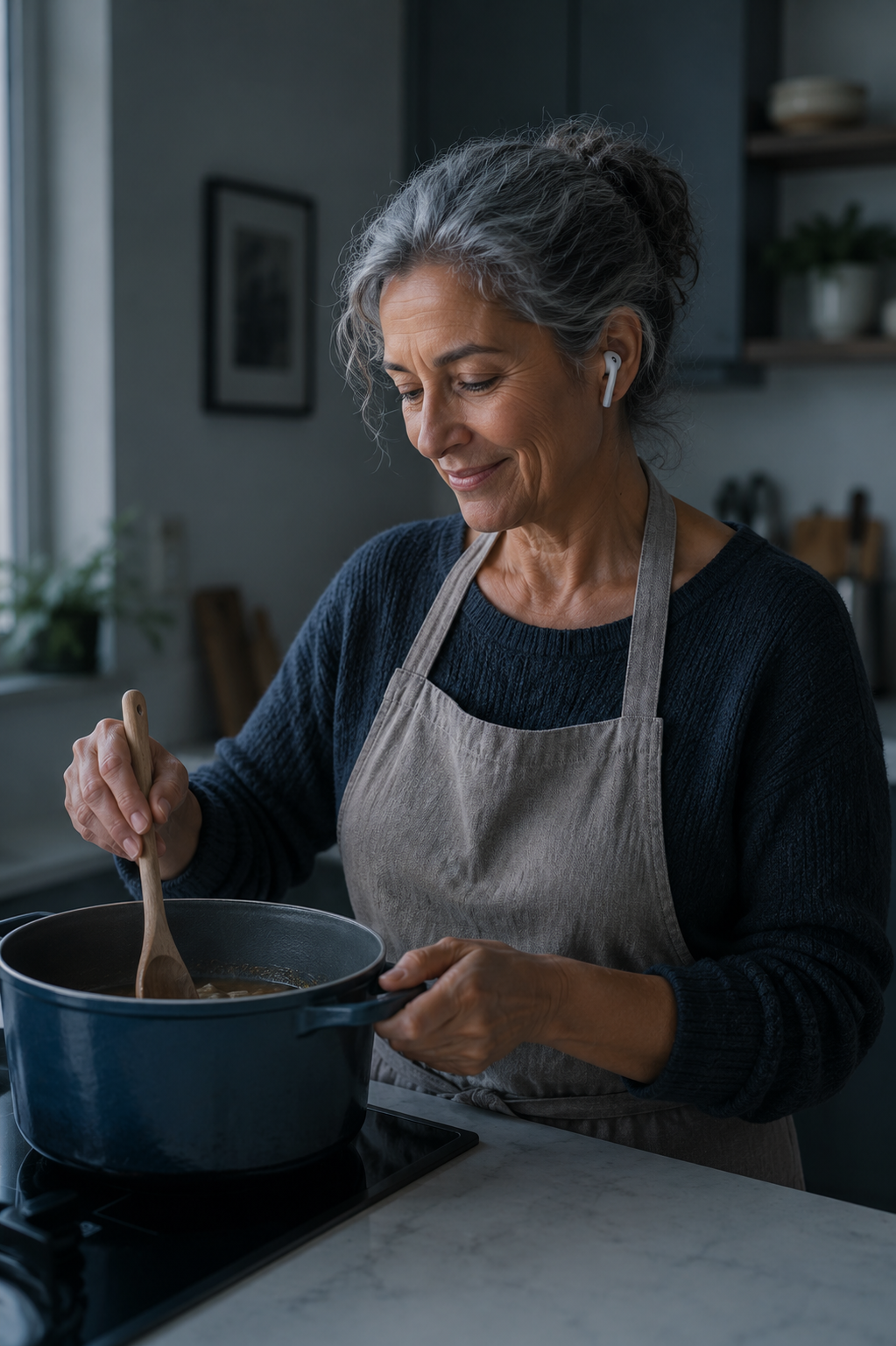 Woman cooking dinner while listening to a Tape