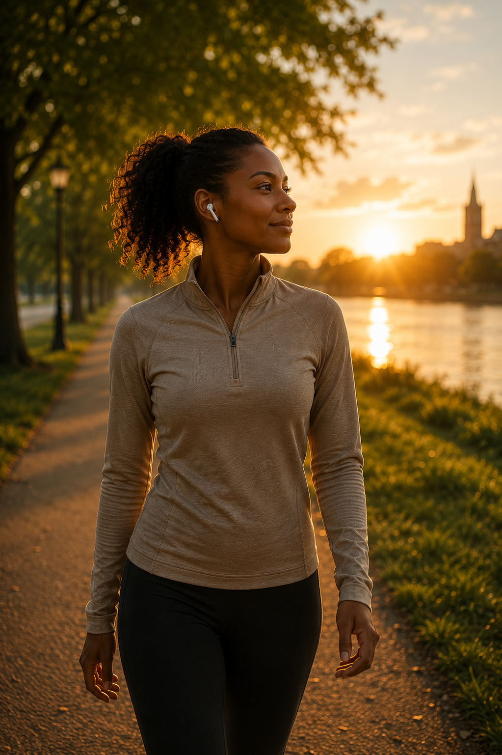 Woman walking at sunrise while ready to record a Tape