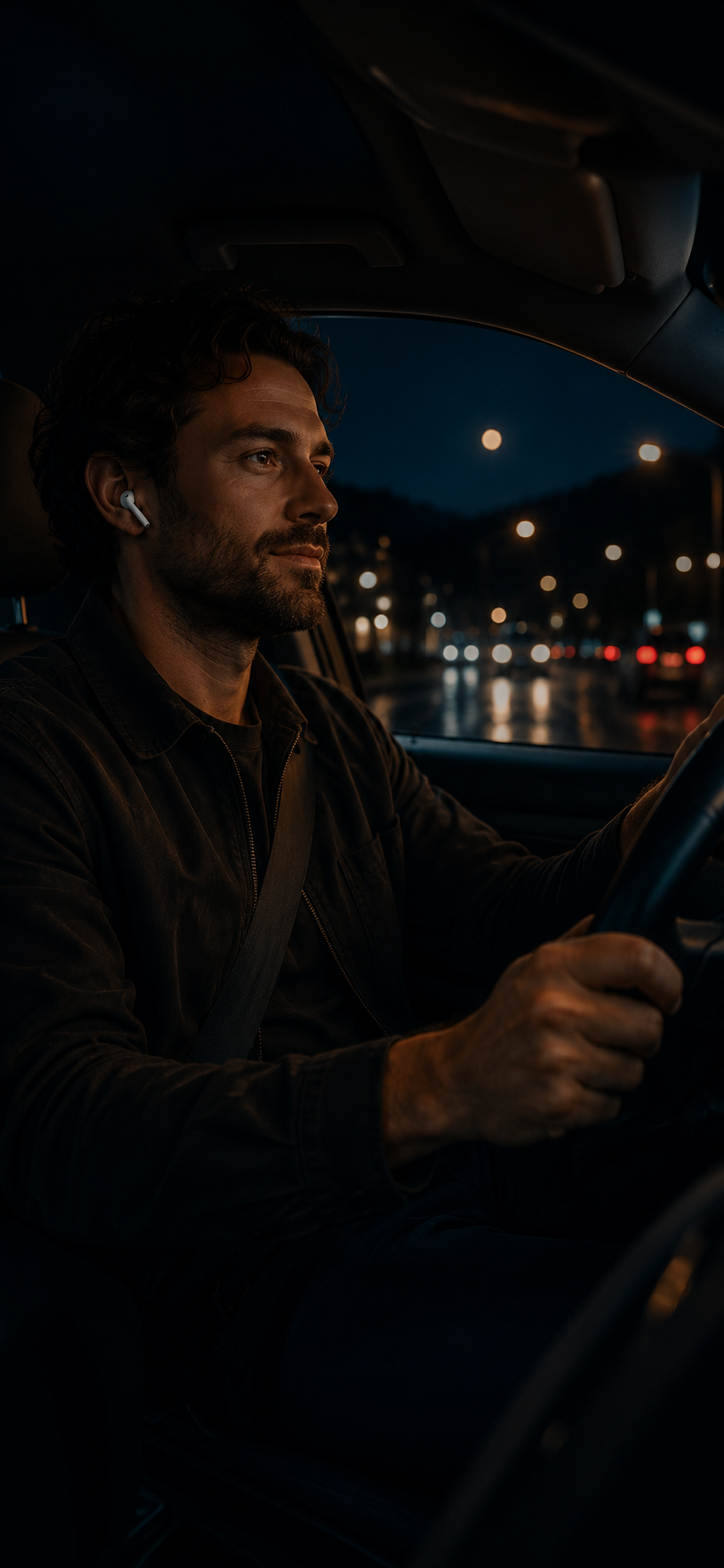 Man driving at night while recording a thoughtful Tape
