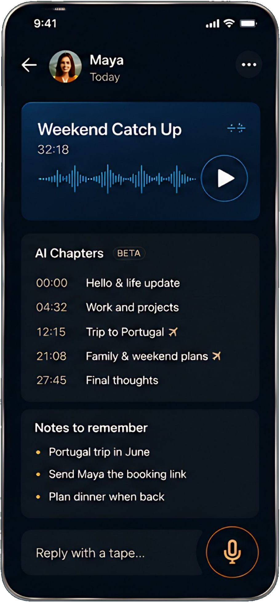 Retape listening screen with chapters and notes